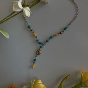Silver Necklace, with teal, yellow, and bronze beading